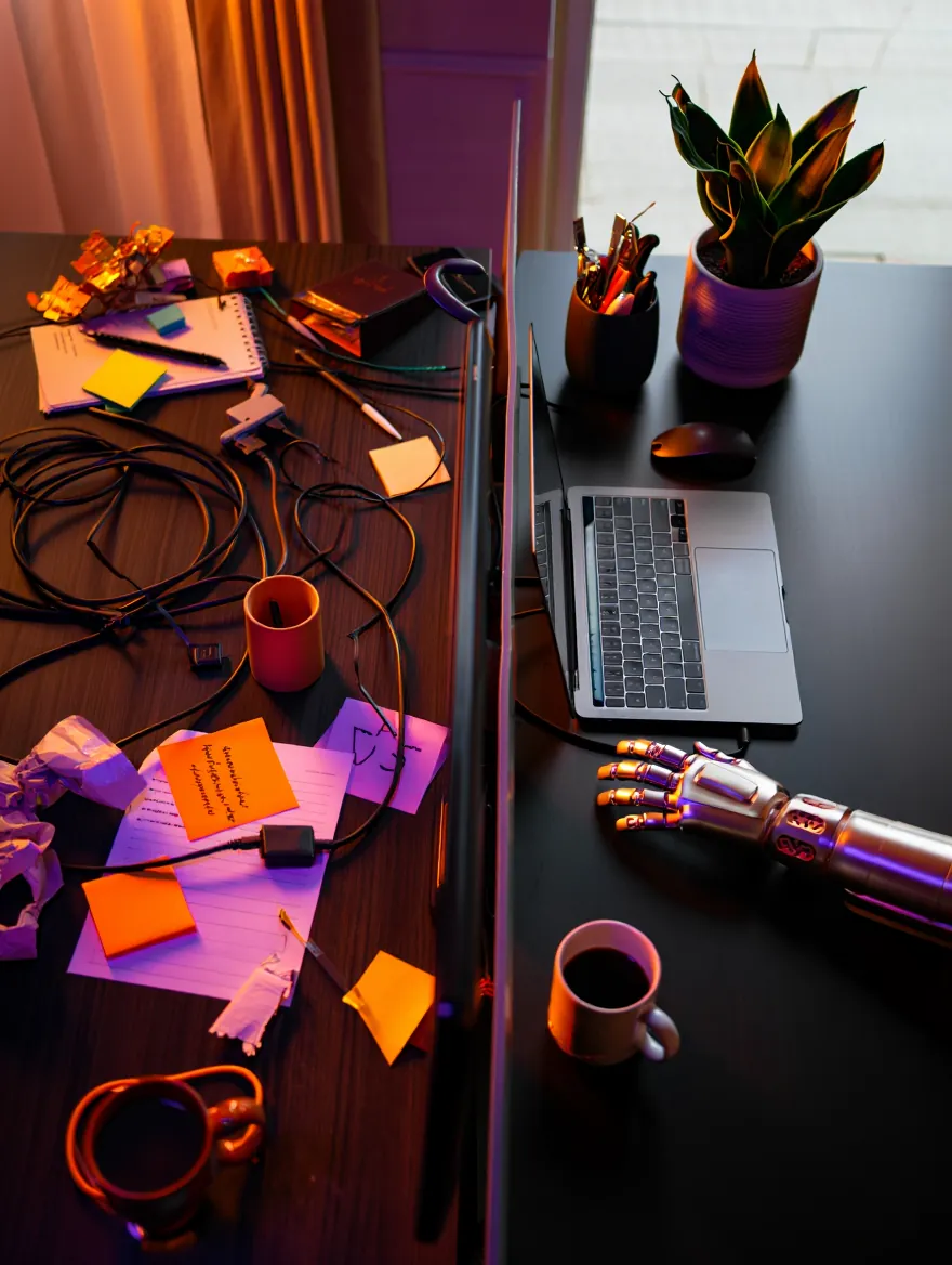 Un bureau de travail : ordinateur, carnets et post-it
